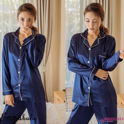 Set áo quần ngủ dài vải phi bóng thời trang nữ