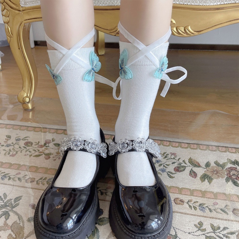 Vớ Cotton Cổ Thuyền Cột Dây Họa Tiết Bướm 3D Phong Cách Lolita Cho Nữ