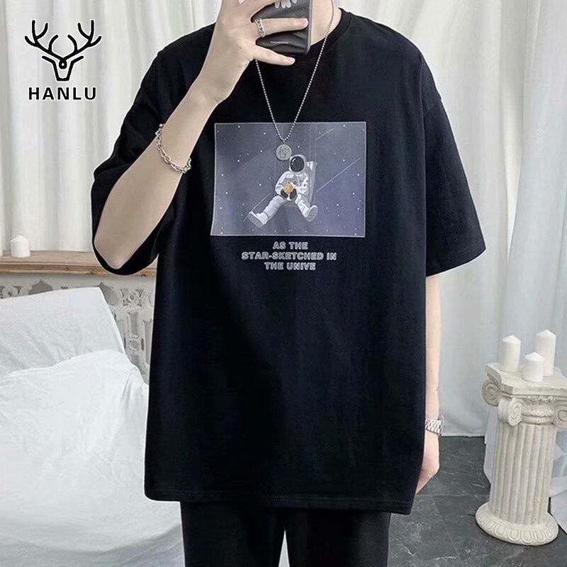 Áo Thun Ngắn Tay Cổ Tròn Dáng Rộng In Hình Phi Hành Gia Hoạt Hình Thời Trang