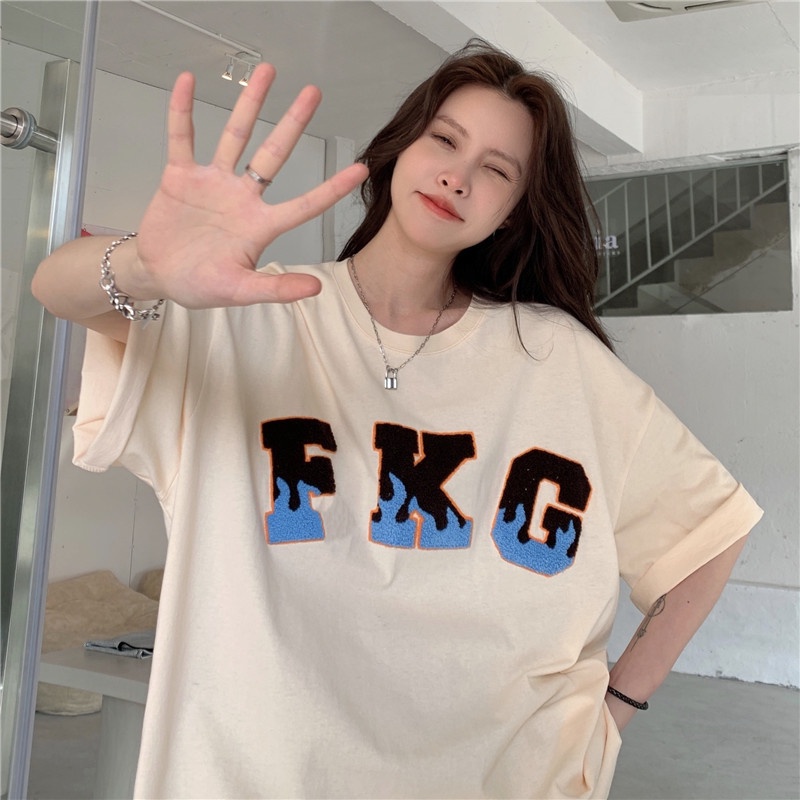 Áo Thun Tay Ngắn Dáng Rộng Thêu Chữ Thời Trang Đường Phố Cho Nữ