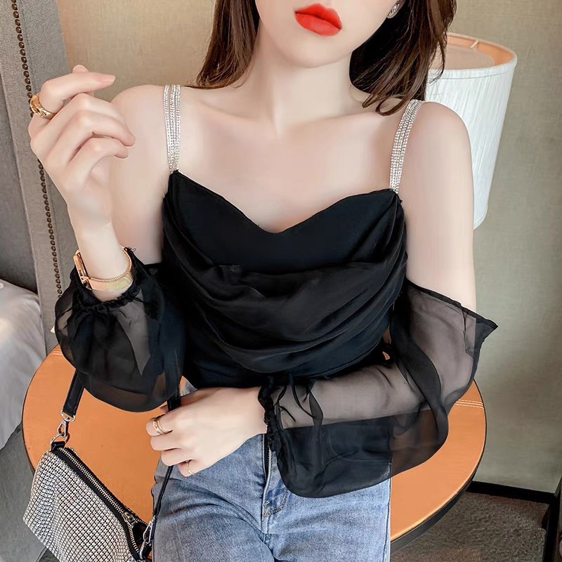 SẴN🖤Áo kiểu trễ vai tiểu thư sang chảnh dây đính đá kim tuyến bling bling dự tiệc|Áo hai dây ulzzang lấp lánh xinh