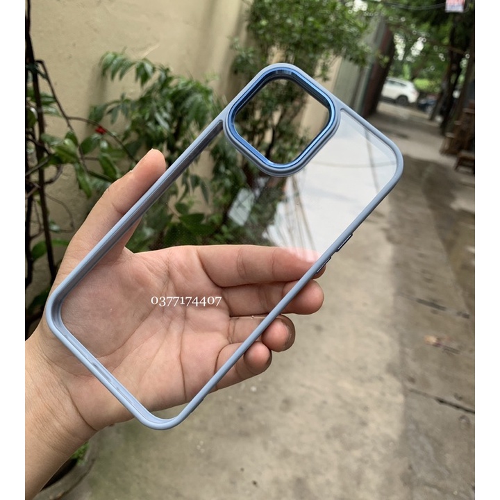 Ốp lưng trong kính viền màu cho iPhone 13 Pro Max viền xanh Siera Blue viền camera bọc nhôm cực đẹp chuẩn màu máy