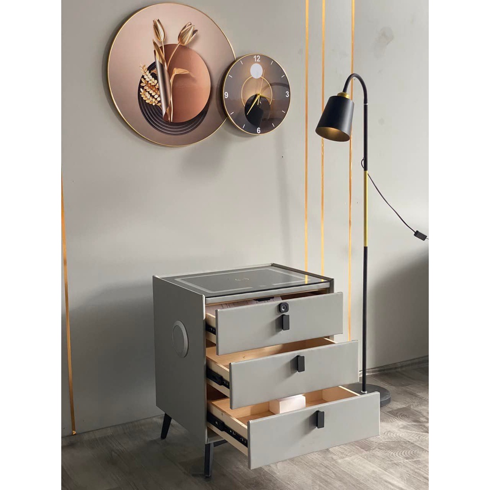 Tủ đầu giường thông minh, Tab đầu giường thông minh có Đèn Led, Sạc không dây, Loa Bluetooth, Khóa vân tay, nhập khẩu