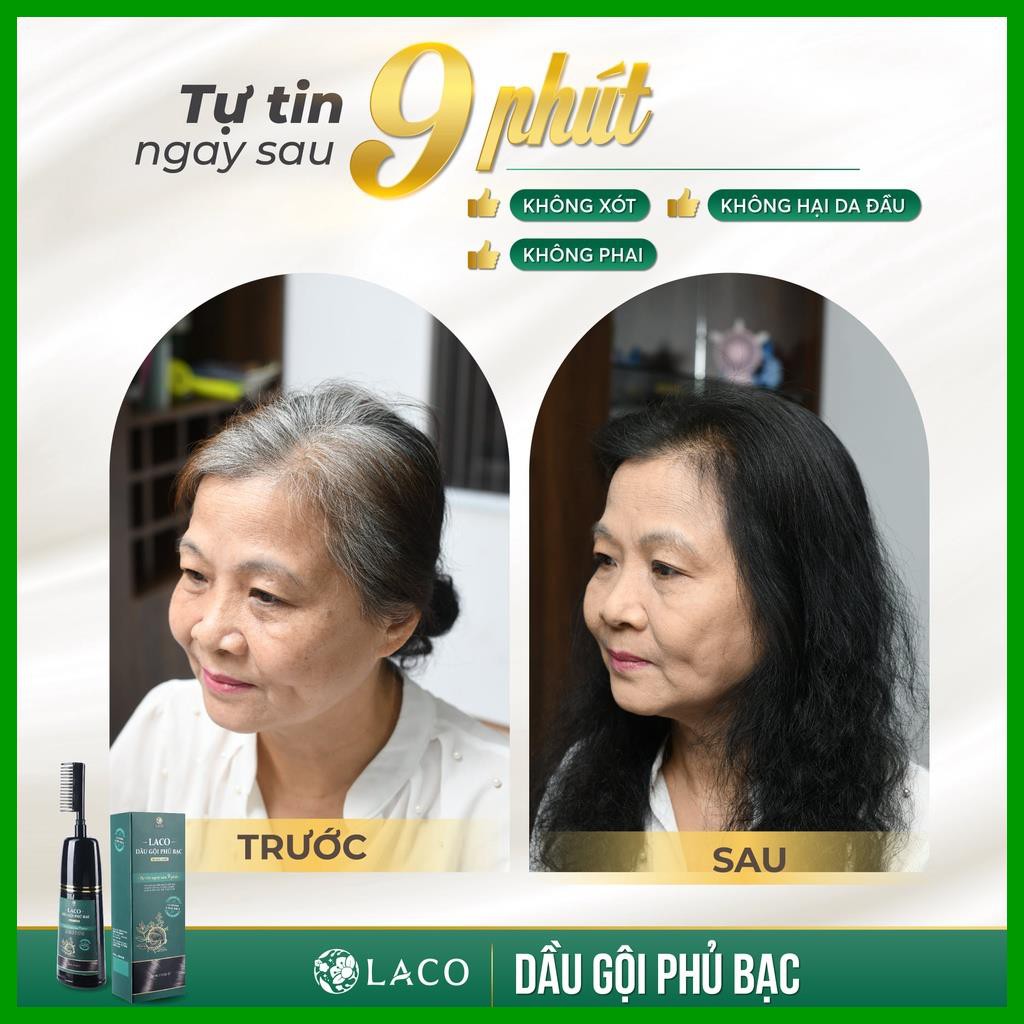 Dầu gội phủ bạc Laco, Dầu gội nhuộm tóc thảo dược an toàn tại nhà, tóc đen sau 9 phút - Hàng chính hãng