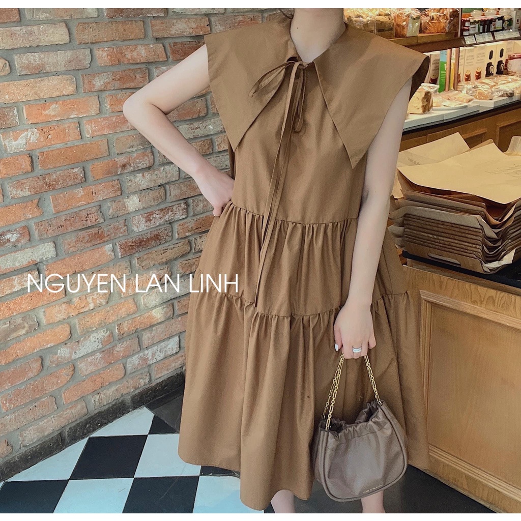 Đầm váy cổ thuỷ thủ baby doll trắng nâu xoè 3 tầng dễ thương