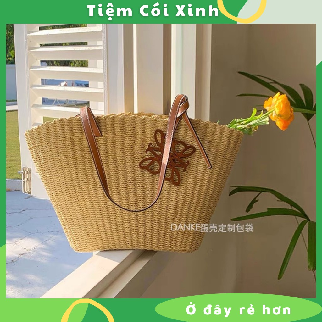 Túi Cói Vintage Hình Thang Dây Da Đeo Vai Đi Biển Đắp Da Họa Tiết Mẫu Mới Thời Trang TIỆM CÓI XINH