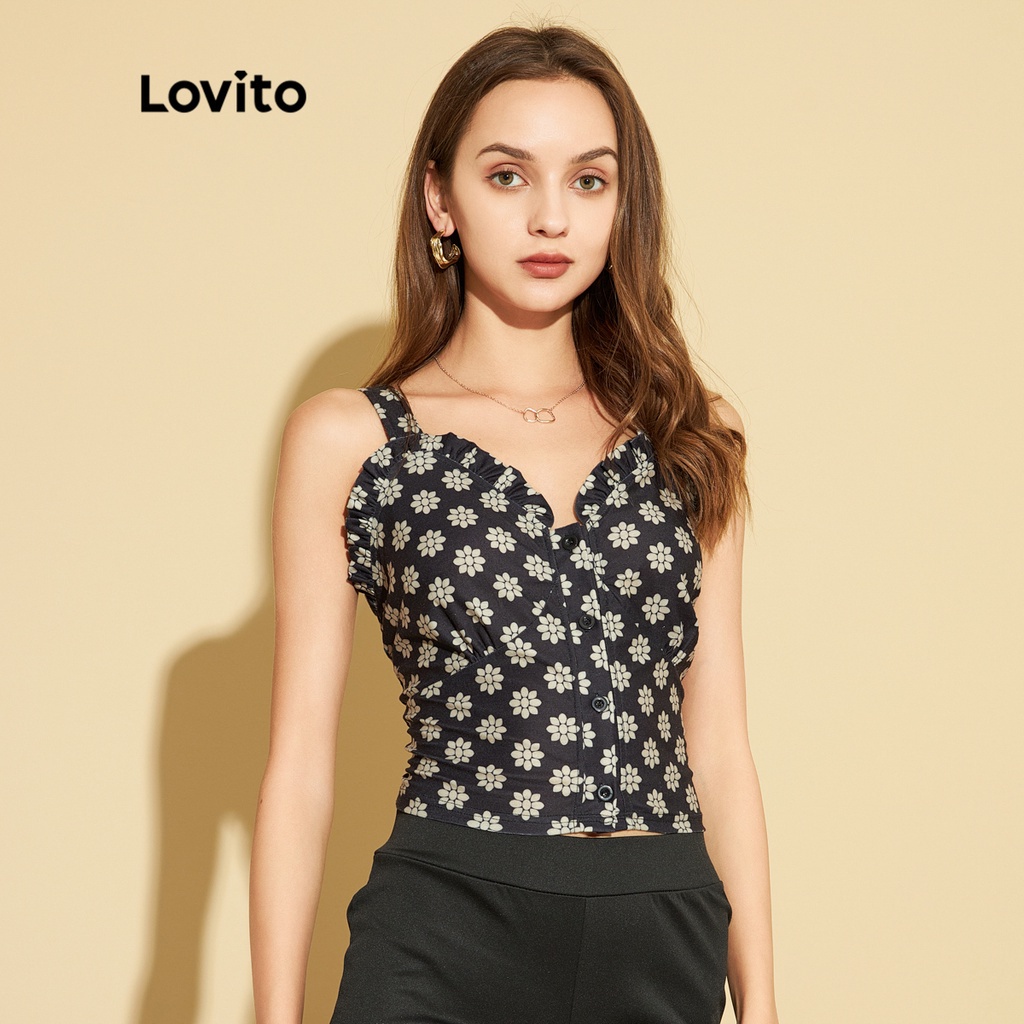 Áo sát nách Lovito mềm mại kết cấu mỏng diềm xếp nếp in hoa phong cách thường ngày L25ED002 (màu đen)