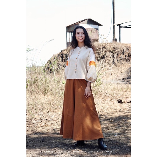 Áo tay raglan cổ trụ linen