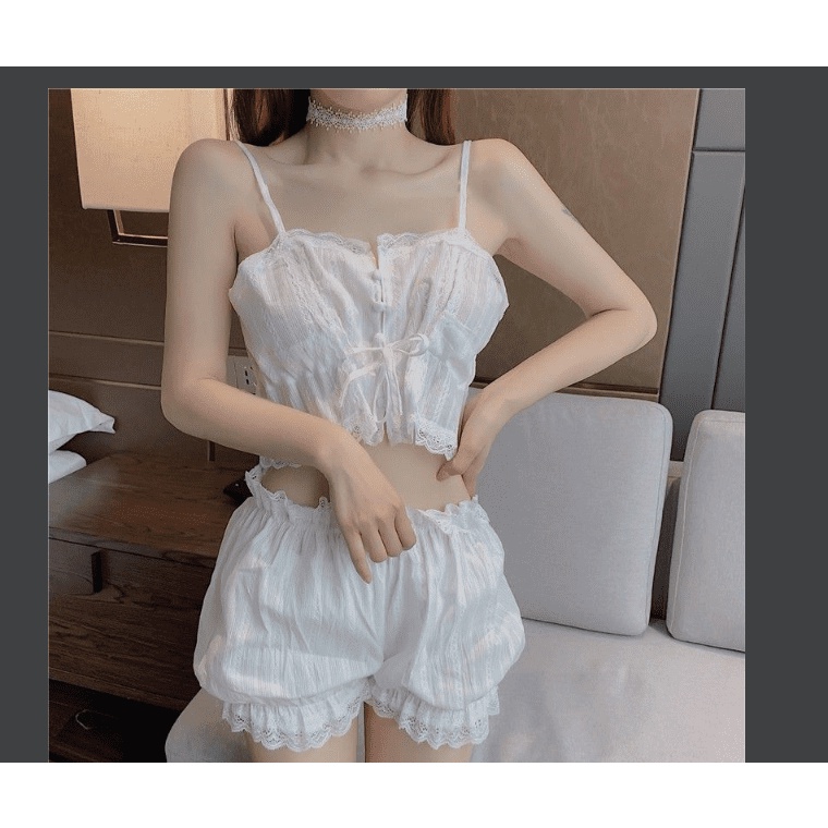 Sét bộ ngủ 2 dây pha ren trắng xinh Quảng châu