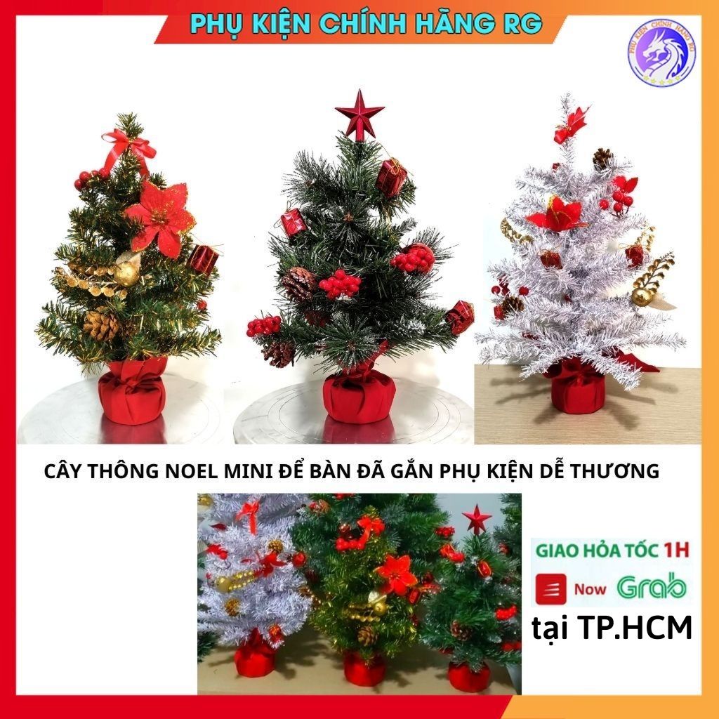 Cây thông mini để bàn đế bọc vải đỏ cực xinh đã gắn full phụ kiện trang trí decor giáng sinh