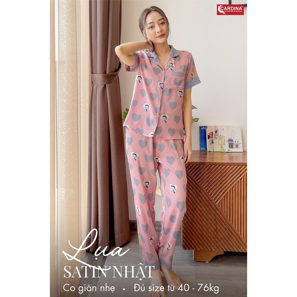 Bộ Pijama Nữ 𝐂𝐀𝐑𝐃𝐈𝐍𝐀 Chất Lụa Satin Nhật Cao Cấp Quần Dài, Áo Cộc Tay Họa Tiết Tinh Tế, Trẻ Trung 1Pi18.