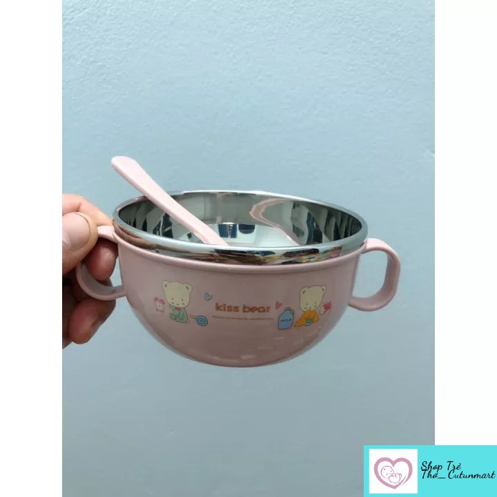 Bát ăn dặm giữ nhiệt 2 lớp ruột inox kèm thìa và nắp đậy có 2 tai cầm cho bé