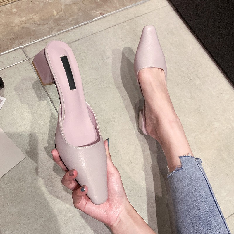 Summer Pointed Toe Mid Heel Mules Chunky Heel Slip-on Lazy Pump Half Slippers Outdoor Slippers Women's Classy Shoes Summ