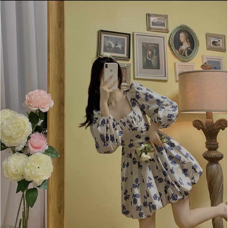 Váy/ đầm dài tay hoa nhí cổ vuông dúm ngực dáng A bồng bềnh