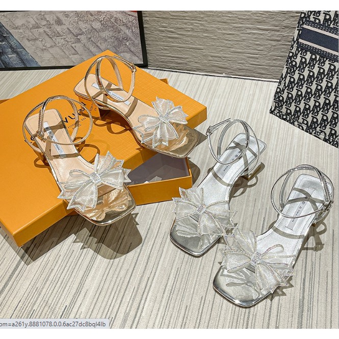 Giày Sandal Nữ Cao Gót Nơ Đá Ren Công Chúa Lấp Lánh Quai Trong Gót Vuông Da Bóng Cao 5cm Dễ Mang