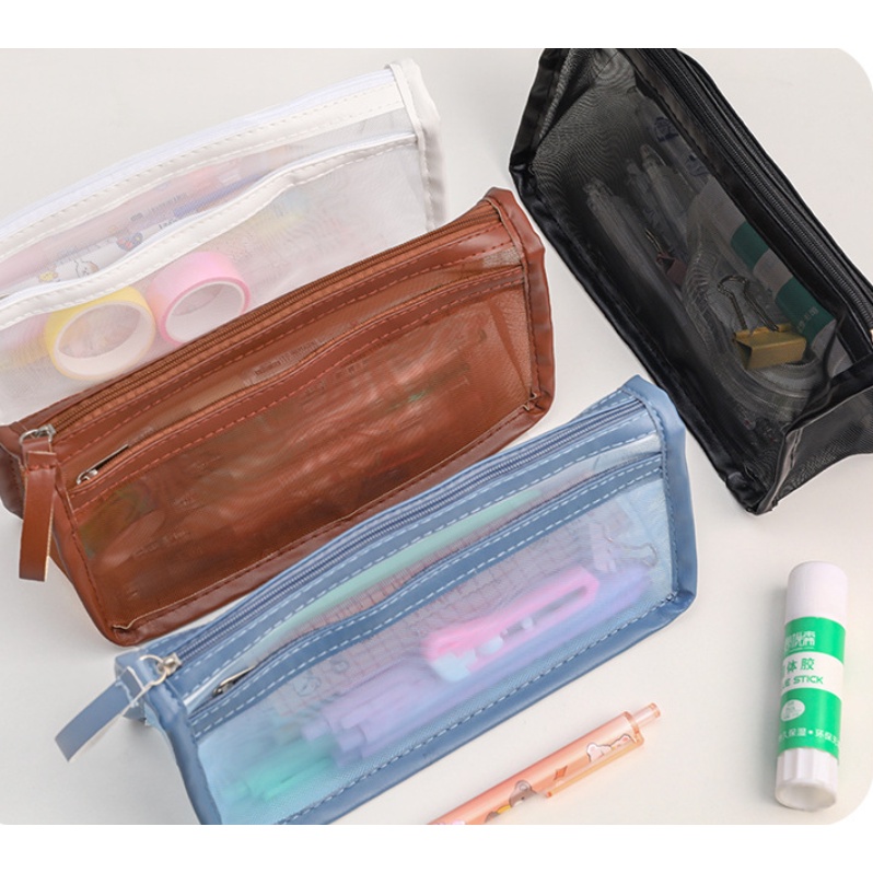 Túi đựng bút viết 2 ngăn lưới cỡ lớn trong suốt thời trang học sinh đẹp rẻ để đồ dùng học tập đa năng