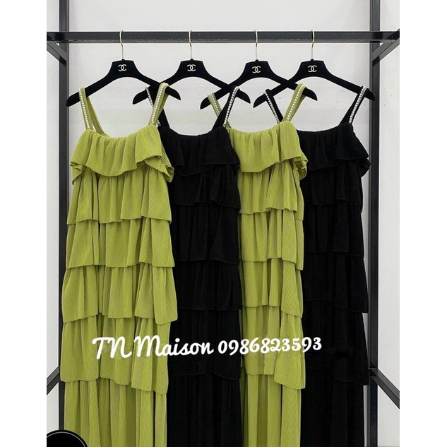 VÁY/ĐẦM MAXI HAI DÂY SUÔNG TĂM LY TẦNG DÀI, DÂY CHẠY VIỀN NGỌC 2 MÀU ĐEN-XANH HOT