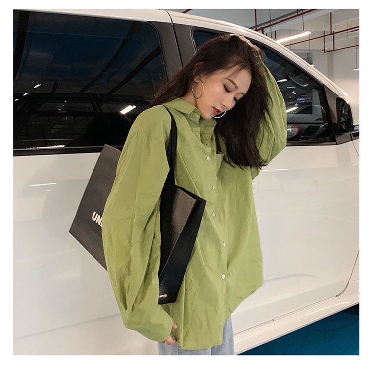 Áo sơ mi nữ form rộng ulzzang dáng dài, Sơ mi nữ màu xanh cốm quảng châu vải cotton mềm mại cực hót