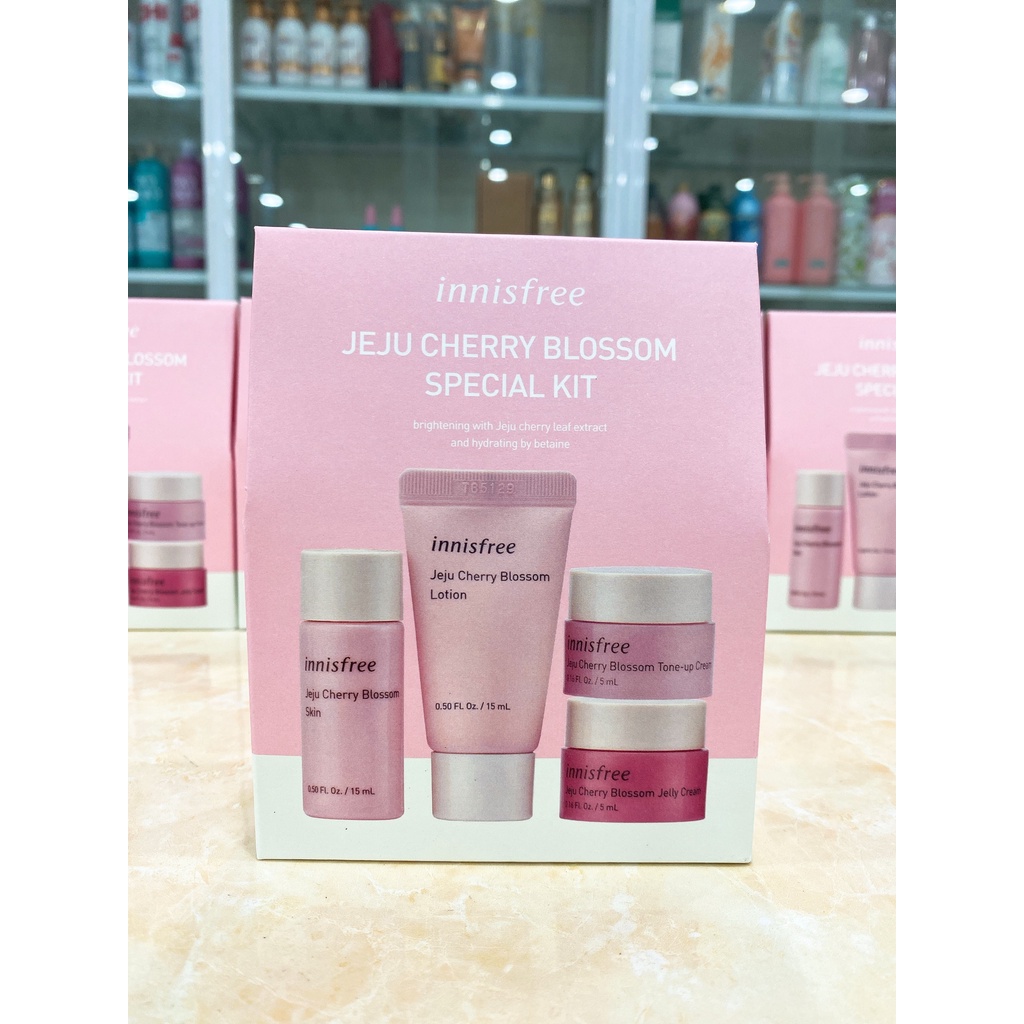 Bộ Kit 4 Món Dưỡng Trắng Da Innisfree Jeju Cherry Blossom Special Màu Hồng Mini Size Hàn Quốc