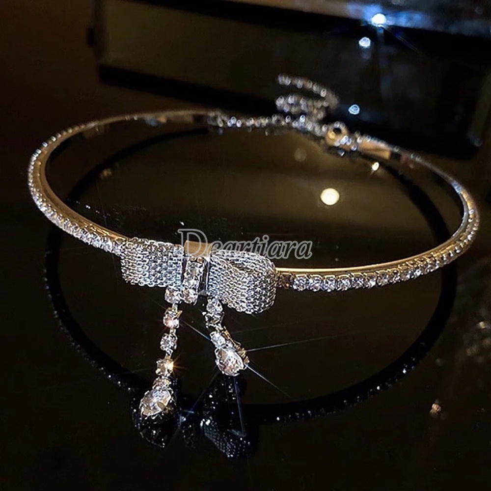 Vòng Cổ Kim Loại Mặt Nơ Đính Đá Thời Trang Cá Tính Dành Cho Nữ