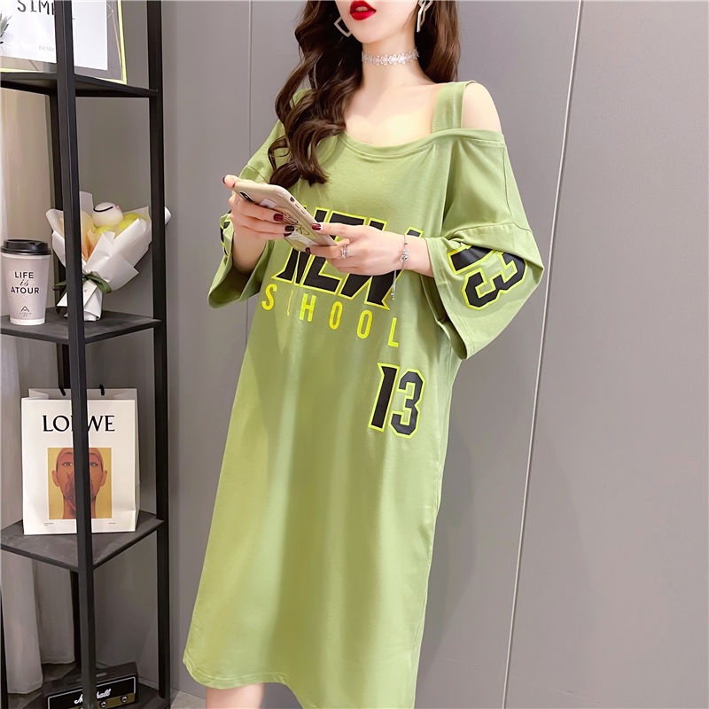 Đầm Thun Hở Vai Tay Ngắn Phong Cách Mới Mùa Hè Cỡ Lớn 300 Jin Cho Nữ 240