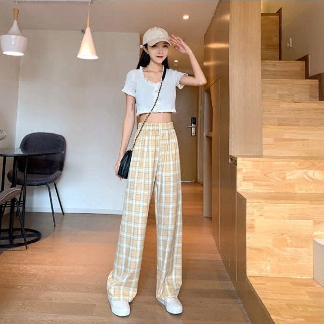 Quần Kẻ Caro , Quần Culottes Kẻ Ống Rộng Cạp Cao Siêu Hot