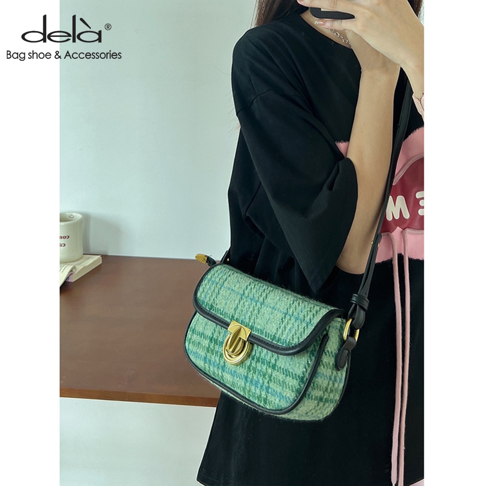 Dela Túi Đeo Chéo Bằng Len Họa Tiết Kẻ Ô Màu Xanh Lá Thời Trang Mới Cho Nữ
