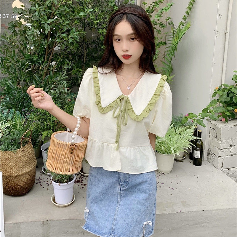 COZOK Áo Sơ Mi Ngắn Tay Cổ Búp Bê Đính Nơ Phối Màu Tương Phản Thời Trang