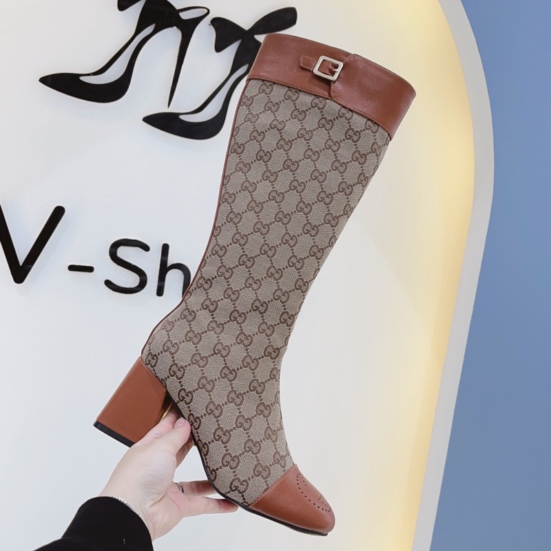Giày boot nữ bốt cổ cao gót vuông guc.ci pha mũi tròn boots gối hồ ngọc hà