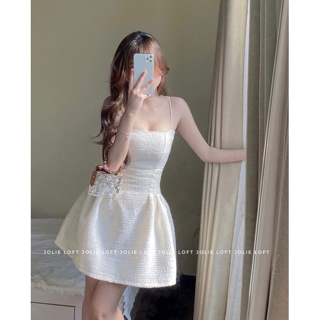 Set đầm 2 dây trắng dạ bố kèm áo khoác crop trắng tay dài,váy nữ siêu xonh cho bạn gái tôn dáng tôn da đi làm đi chơi
