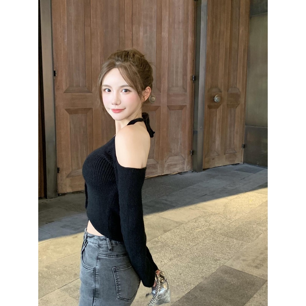 QADCOL Áo thun tay dài cổ chữ V khoét vai thời trang cho nữ