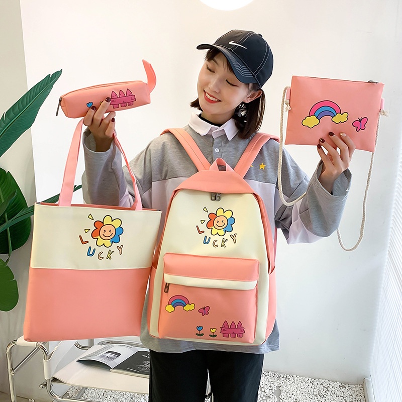 Set 4 món balo, túi, bóp, ví thời trang đi học - LUCKY