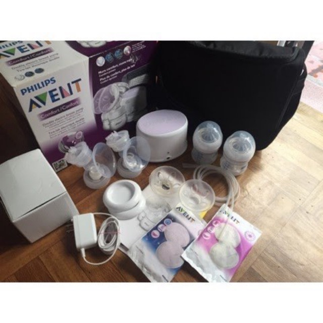 Máy hút sữa đôi avent comfort tặng kèm 2 bình 330ml và 4 núm ti bình new + túi trữ sữa.
