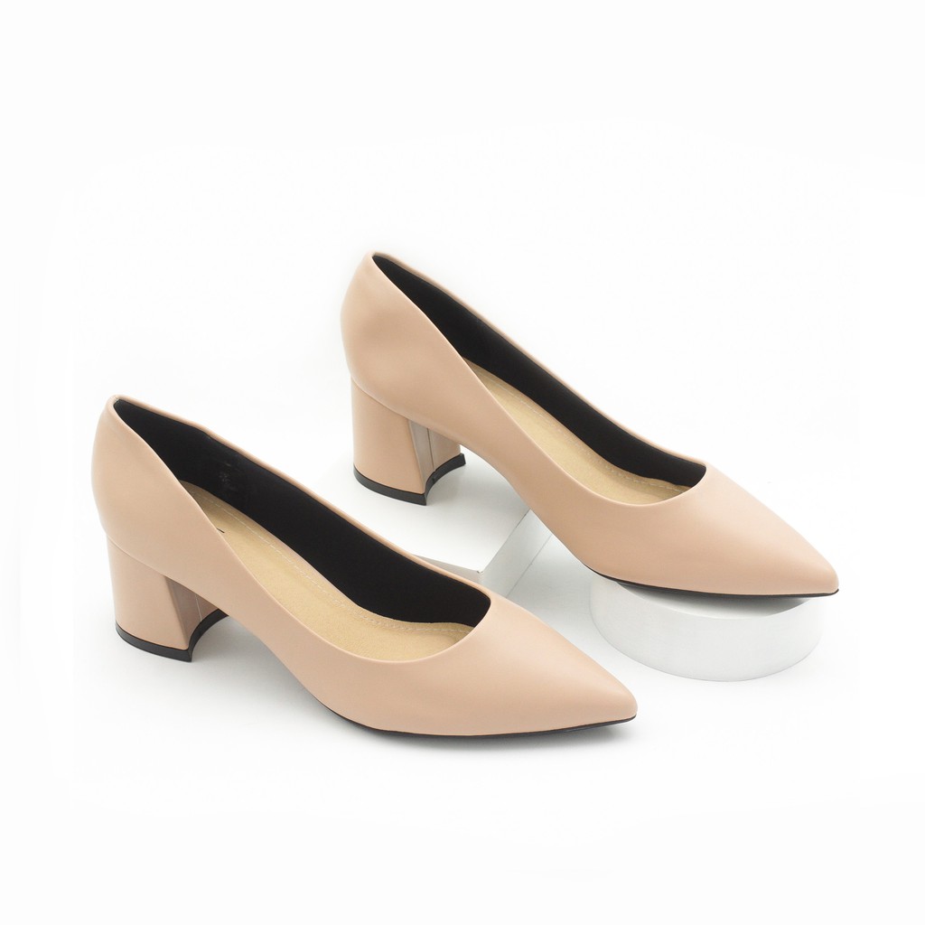 Giày Cao Gót Đế Vuông 5cm Mũi Nhọn Basic Màu Đen P055