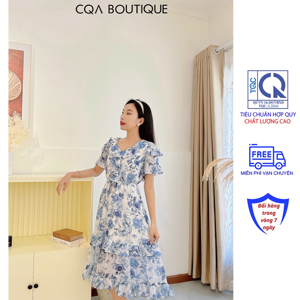 Đầm Hoa Tiểu Thư Cổ V Tay Lỡ CQA Boutique CQA0031 Hoa Xanh Chất Liệu Voan
