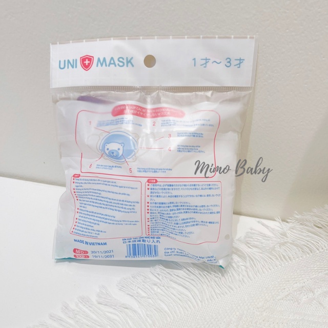 Khẩu trang 3D hình gấu đáng yêu Uni Mask ( set 3 chiếc) cho bé 1-3y M01 Mimo Baby