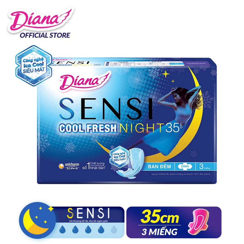 Băng vệ sinh Diana Sensi Cool Ban Đêm Fresh Night - BVS ban đêm siêu thấm 35cm 3 Miếng