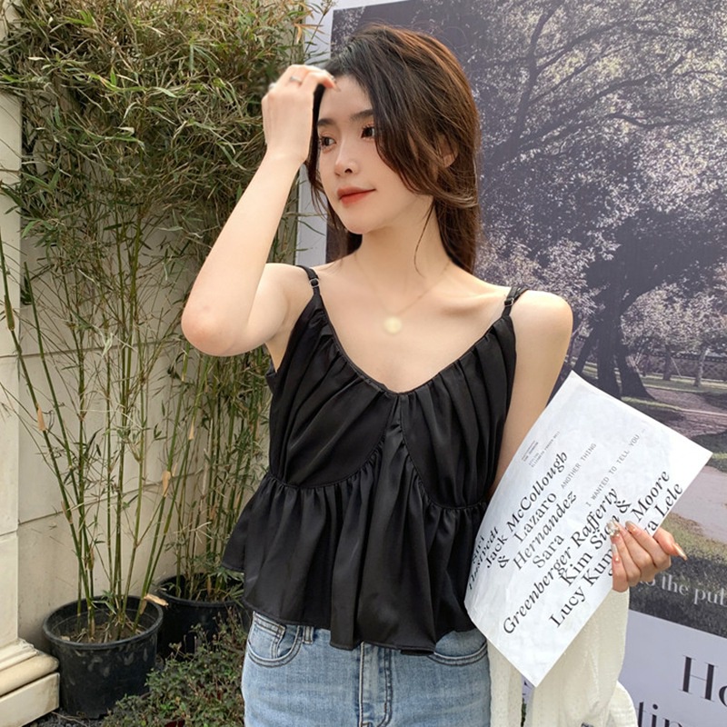 Áo Hai Dây Xếp Ly Cổ Chữ V Phong Cách Hàn Quốc Thời Trang Cho Nữ