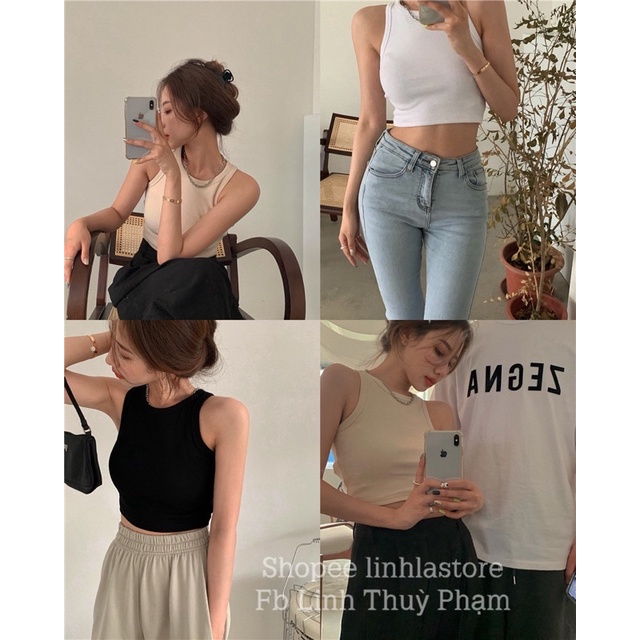 Áo Ba Lỗ Croptop Thun Tăm LINHLA Nữ [FREESHIP]  Phông body dáng ôm trơn màu ĐEN | TRẮNG | BE Ulzzang