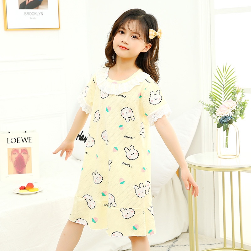 Đồ ngủ dáng chữ A chất liệu cotton phối ren in họa tiết hoạt hình 2021 dành cho bé gái 2-12 tuổi