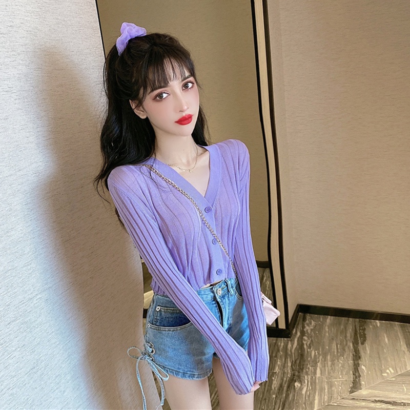 Áo cardigan IELGY dệt kim mỏng tay dài cổ chữ V màu sắc ngọt ngào thời trang mùa hè cho nữ