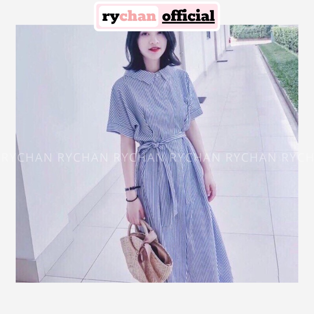 DX550 - Đầm Xòe Sơ Mi Sọc Cột Eo Cực Xinh