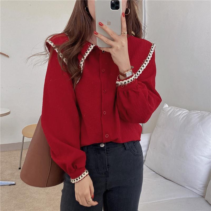 Áo sơ mi cổ búp bê dáng rộng thiết kế mới thời trang xuân thu dành cho nữ 2021