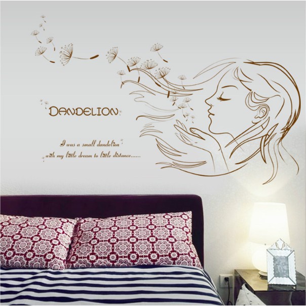 Decal trang trí tường - Cô Gái Thổi Bồ Công Anh Nâu 02