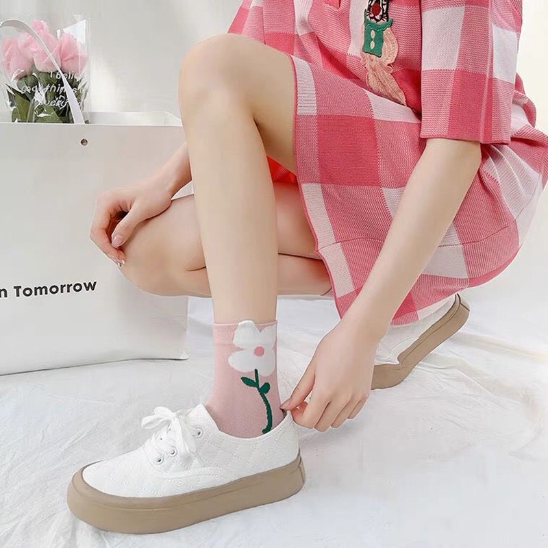 Tất cổ cao nữ họa tiết 3D hình bông hoa siêu xinh chất Cotton mềm mịn co giãn khử mùi thấm hút mồ hôi cực tốt TD048