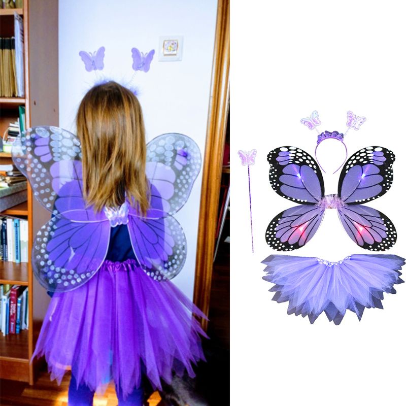 Bộ Trang Phục 4 Món Hóa Trang Nàng Tiên Cánh Bướm Có Đèn LED Và Băng Đô Cho Bé Gái Dres