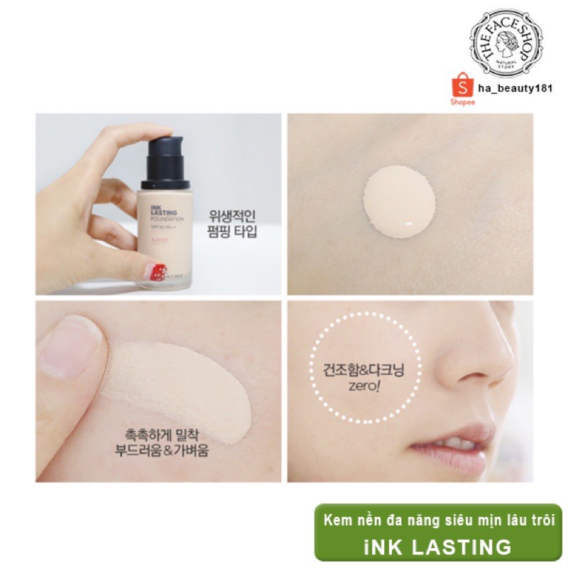 Kem nền lâu trôi The Face Shop Ink Lasting Foundation Slim Fit Ex SPF30 PA++ che khuyết điểm trang điểm đa năng dưỡng ẩm