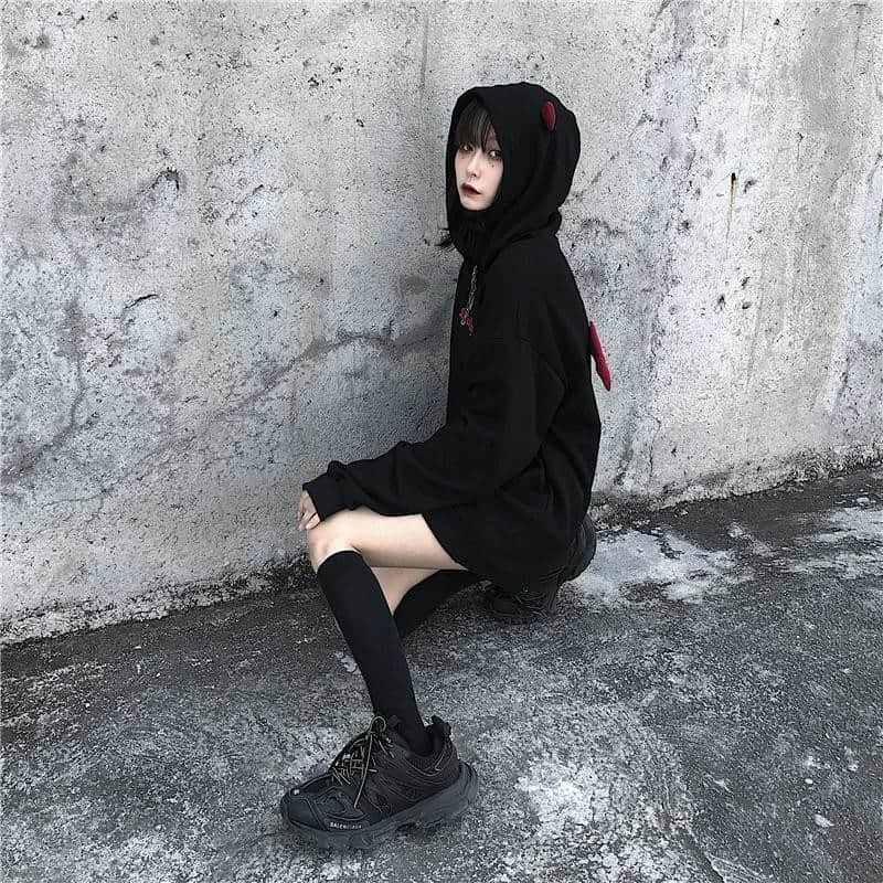 Áo Hoodie Dáng Rộng In Hình Sừng Quỷ Dễ Thương Phong Cách Punk Gothic Cho Nữ