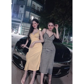 Đầm maxo kê sọc 2 dây màu vàng trắng