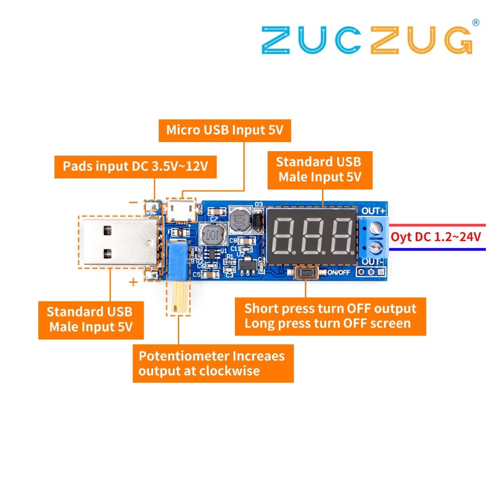 DC-DC 5V to 3.5V / 12V USB Step UP / Down Power Supply Module Adjustable Boost Buck Converter Out DC 1.2V-24V